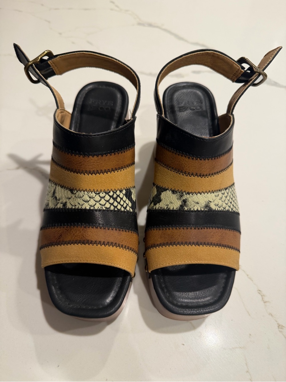 Frye Black, Brown and Tan Striped Leather Slingback Sandals